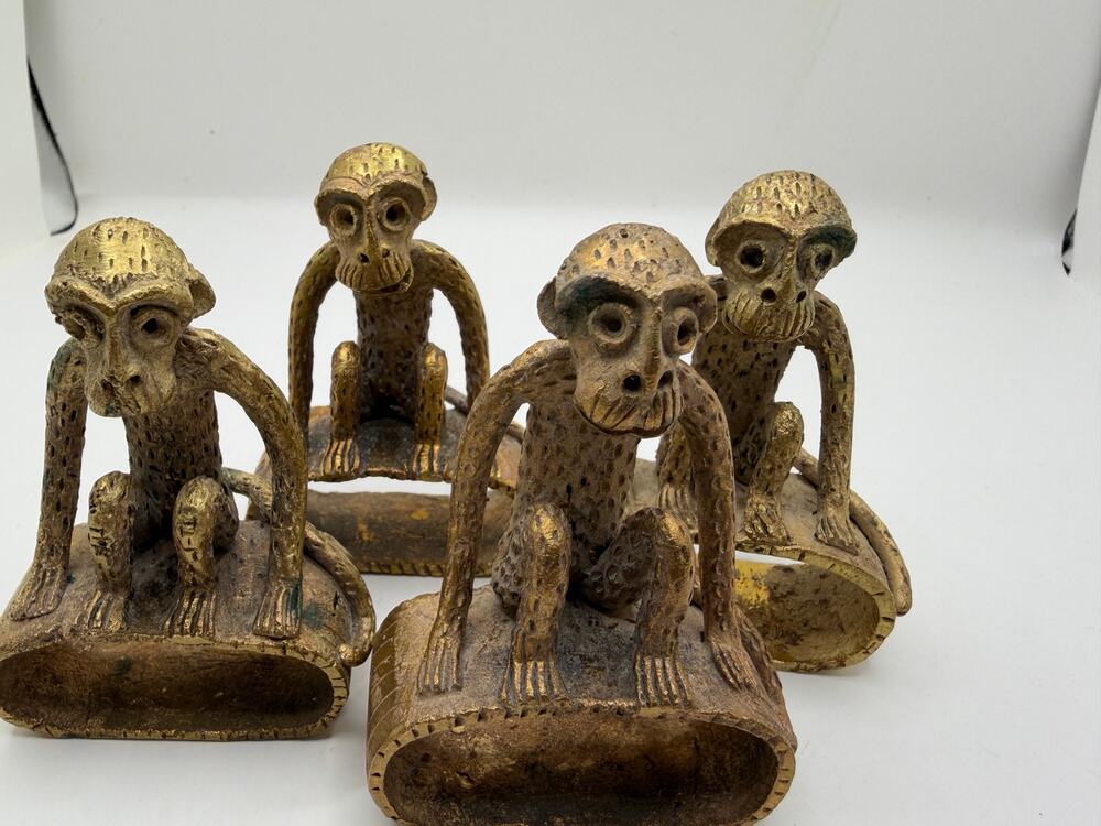 Vintage Brass Monkey Napkin Rings Set of 4 Heavy Cast Metal Figural Table Decor